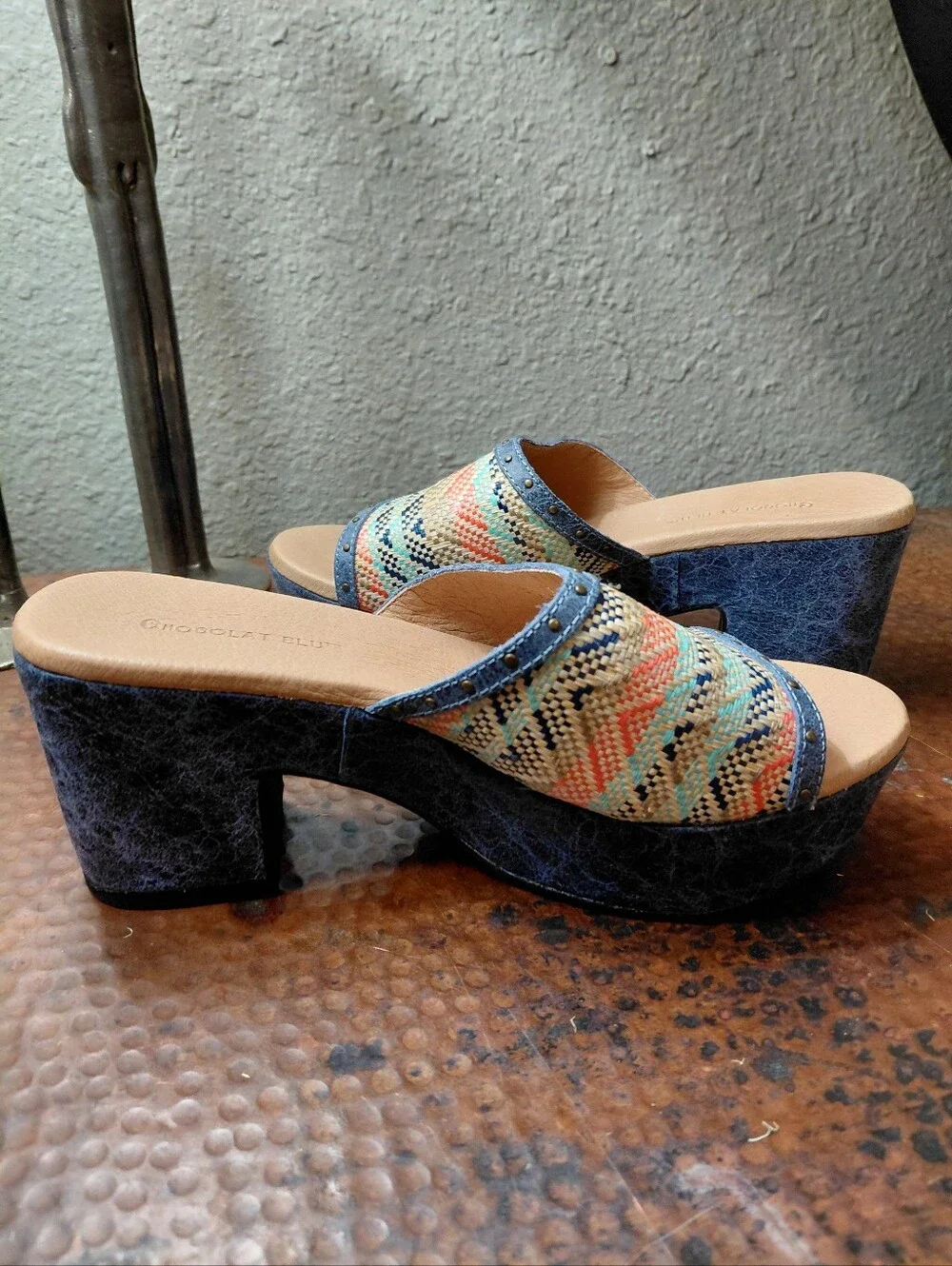 Chocolat Blu Sz. 7 Blue Combo Raffia Guro Platform Sandal